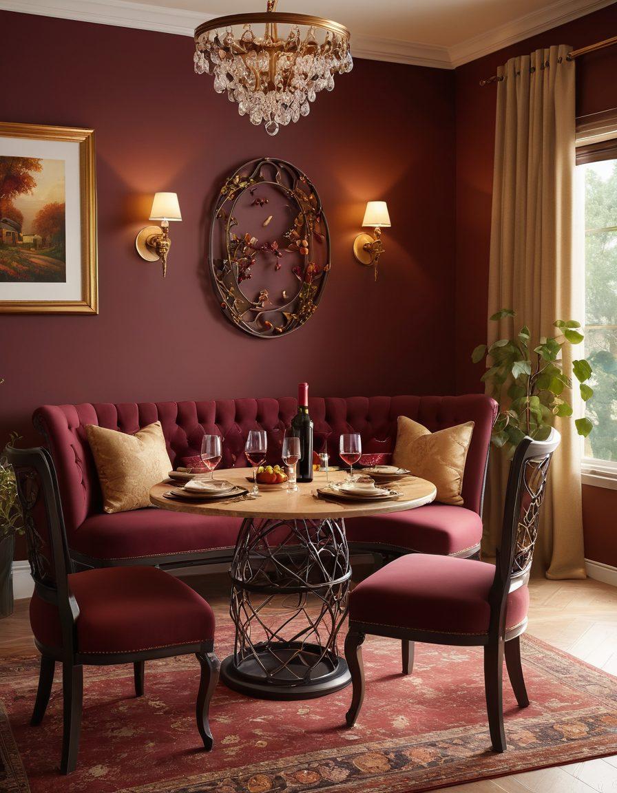 A cozy interior scene showcasing elegant wine-themed decor, including a beautifully set dining table with wine glasses, a charming wine rack, and soft, ambient lighting creating a warm atmosphere. Accent walls painted in rich burgundy and soft gold accents, along with vines and grape motifs subtly integrated into the decor. A plush seating area with wine-colored cushions adds to the inviting feel. super-realistic. vibrant colors. warm lighting. 3D.