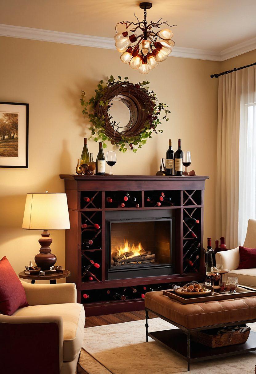 A beautifully styled living room featuring wine-inspired decor elements such as a wine rack shaped like grapevines, soft ambient lighting with wine bottle lamps, and plush furniture in deep burgundy and cream colors. The atmosphere is warm and inviting, with subtle hints of vineyard landscapes in the background. Include decorative wine glasses and rustic wooden accents to enhance the theme. super-realistic. vibrant colors. cozy ambiance.