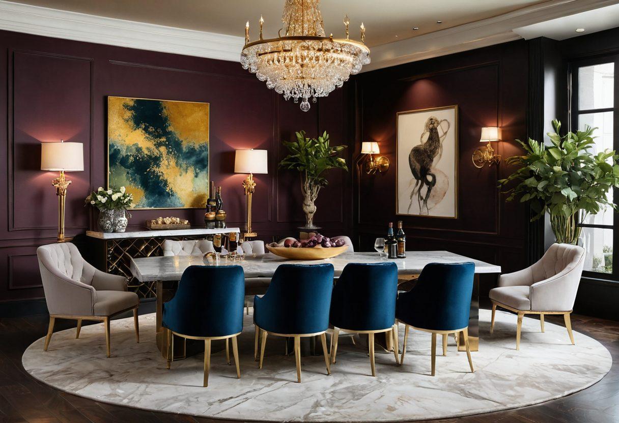 A luxurious living space featuring artistic furnishings, with elegant, handcrafted furniture pieces displaying intricate designs. Incorporate rich textures such as velvet and marble, surrounded by artistic decor, lush greenery, and soft ambient lighting that creates a warm atmosphere. Showcase a wine bottle and glasses artfully placed to enhance the theme of 'uncorking secrets.' The background should depict a sophisticated color palette with gold and deep jewel tones. super-realistic. vibrant colors. soft focus.